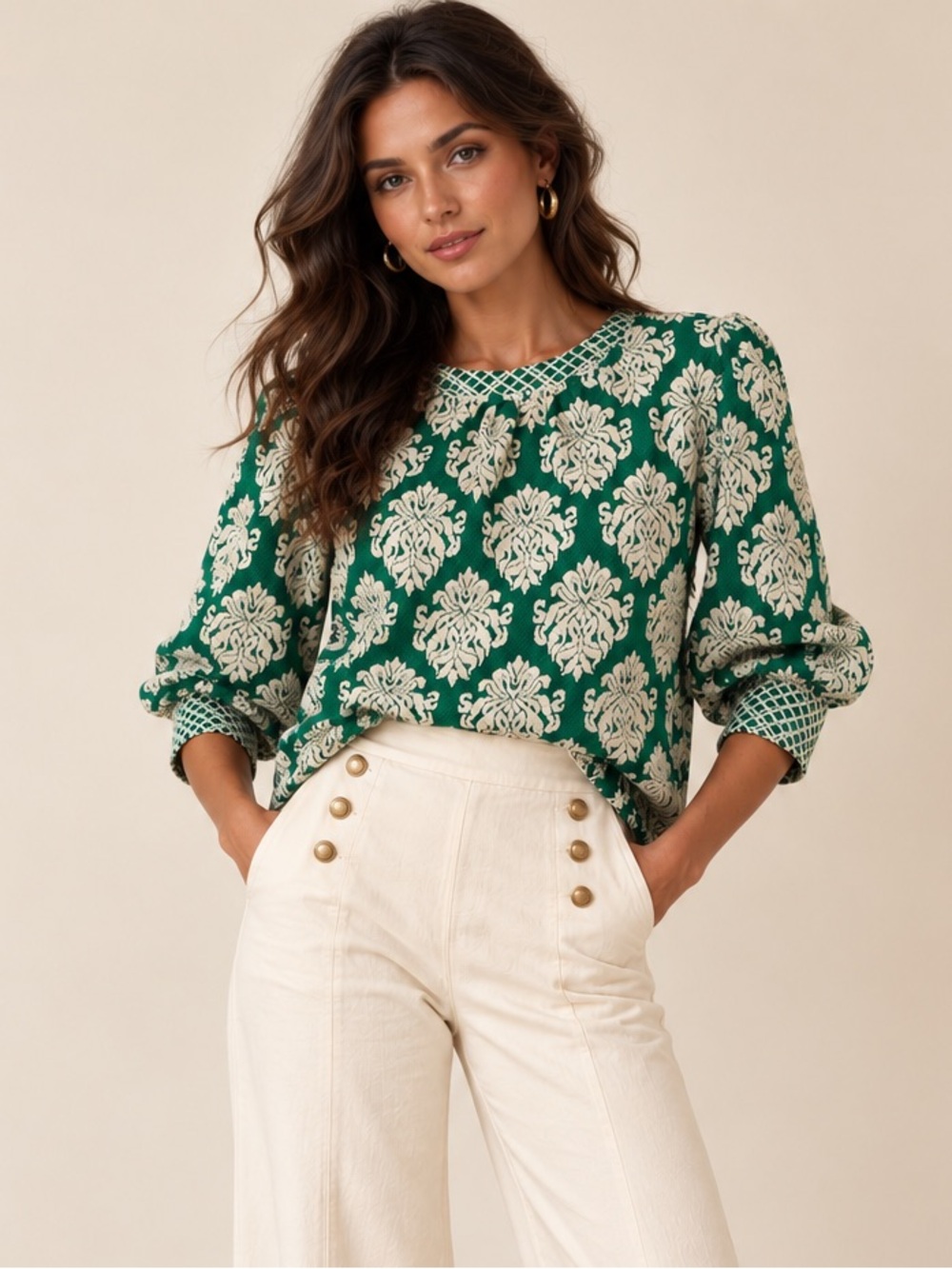Voy Floral-Print 3/4 Sleeve Knit Blouse